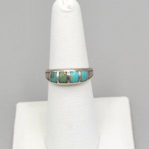 Vintage Kabana Sterling Silver Dome Ring Turquoise Stone Insets Etched Sz 6 3/4